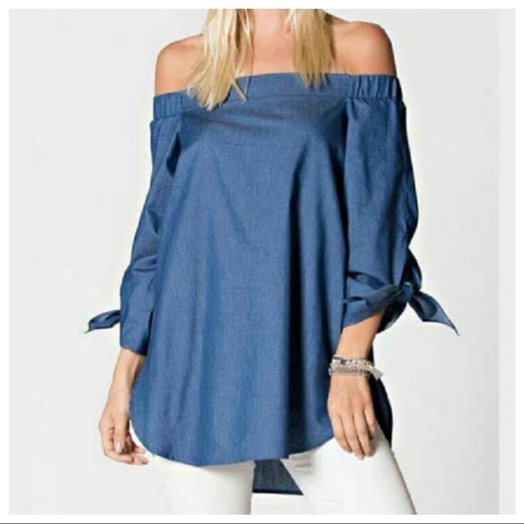 ✨LAST ONES✨Off the shoulder tie sleeves Tencel top - Picture 2 of 6